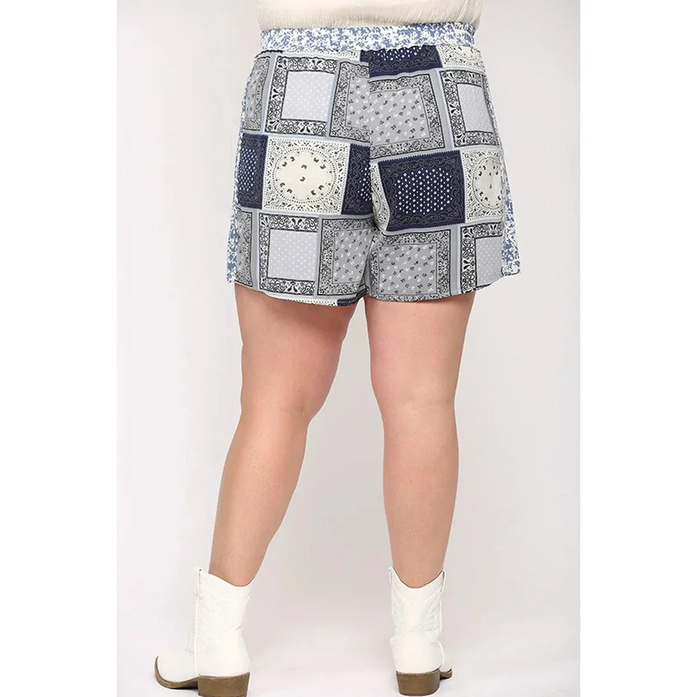 PH1178 B GiGio Patchwork Print Mixed and Elastic Waist Shorts Plus Sizes